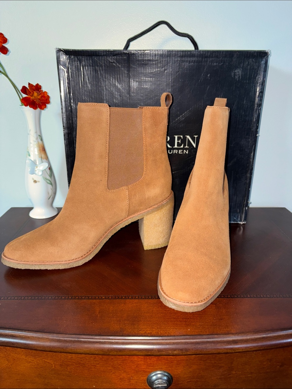 Lauren Ralph Lauren Marianna Chestnut Suede Chelsea Block Heel Ankle Boots 10M